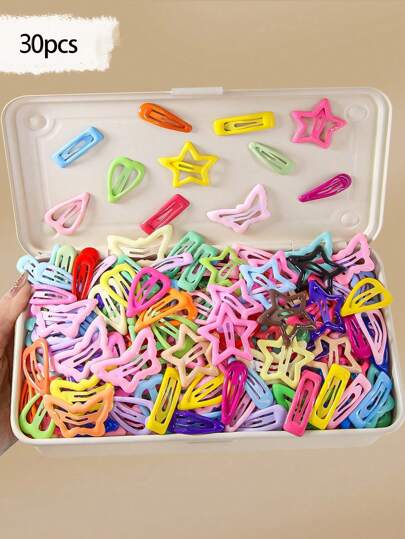 30 قطعة/عبوة مشابك شعر للأطفال ملونة على شكل نجمة وفراشة وقلب وقطرة ماء ومربع بأنماط عشوائية بسيطة وجميلة ولامعة للاستخدام اليومي