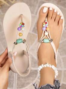 1 Pair Women's Bohemian Colorful Beaded Flat Sandals, Summer Casual Beach Party Shoes
