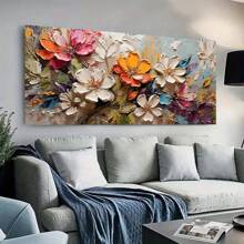 Arte de lienzo floral vibrante y grande, decoración de pared moderna sin marco para la sala de estar y el dormitorio, pintura de flores orgánicas coloridas, decoración de habitación