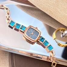 Neue Damen Uhr mit eingearbeiteten Zirkonia, elegantes quadratisches Zifferblatt, Legierung Quarzwerk, Mode Armband aus Stahl mit Strass, Damen Armbanduhr