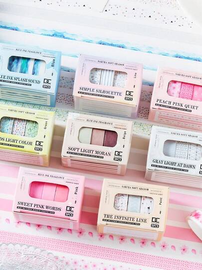 5pcs Sakura Soft Shadow Washi Tapes Set, Mini Tape Set Adhesive Masking Tape 1cm Decoration Stickers For Diary DIY Handwork Gift Wrapping Back To School