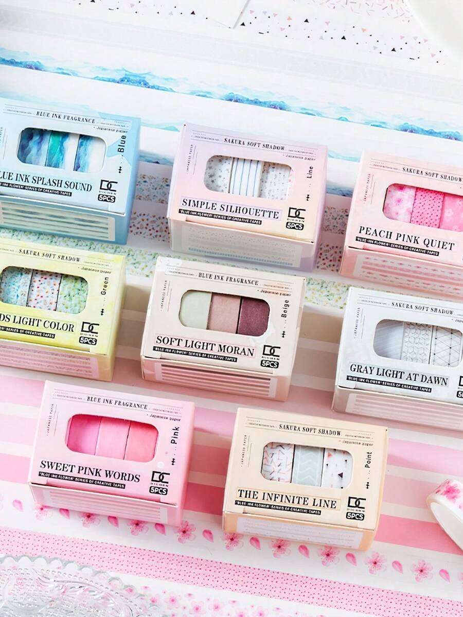 Bộ 5 băng keo Washi Sakura Soft Shadow, Bộ băng keo mini Băng keo che phủ 1cm Miếng dán trang trí cho nhật ký DIY Thủ công Gói quà Quay lại trường - Nhiều màu - Xem 1