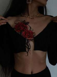 2片红色玫瑰花临时纹身贴纸，可用于手臂和腿部，性感脱衣舞娘胸部和大腿图案，适合情人节，防水，完美女性适用。