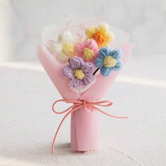 1pc Mini Crochet Flower Bouquet Set, Suitable As Birthday Gift For Girls, DIY Handmade Eternal Puff Flower Bouquet, Artificial Pink Flowers, Home Decor, Graduation Ceremony, Mother's Day Decor