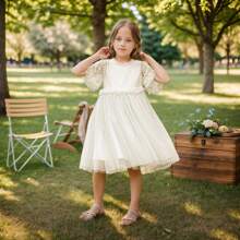 Girls Summer Dress Sequin Embellished Tulle Skirt Ruffled Sleeve Princess Style