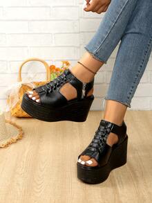 女士高跟露趾凉鞋，休闲舒适罗马风格厚底沙滩凉鞋，夏季时尚坡跟凉鞋