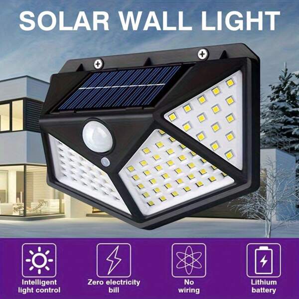 Nouvelle Lumière murale à capteur 100LED, capteur de lumière intelligent, chargement solaire, ajustement automatique de la luminosité, lumière solaire extérieure à capteur, lumière murale à capteur humain luminescent de quatre côtés