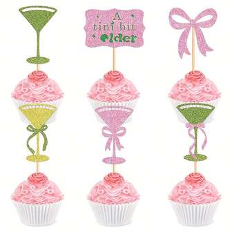 24pcs Martini Bow Birthday Cupcake Toppers A Tini Bit Older Bow Olive Green Wine Glass Birthday Party Decorations Martini Bachelorette Bridal Shower Party Tini Bar Party Decorations