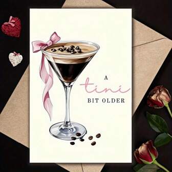 1 Funny Espresso Martini Birthday Card - "A Little Bit Bigger" Humorous Design With Coffee Beans, Cream And Pink Bows, Cartoon Style Cocktail Art, Personalized Gifts For Friends And Family