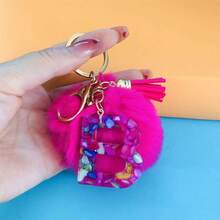 Llavero de letra inicial con pompón de moda para damas, accesorio colgante lindo de peluche, acrílico, llavero, anillo, bolso, mochila, colgante de coche, accesorio de coche, bolso, accesorio escolar, gótico, Y2K, accesorios de Halloween, regalo del Día del Maestro, ideas de regalo de Navidad - Rosa Fucsia - Ver 7