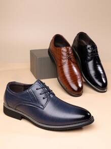 1 Pair Men's British Style Comfortable Casual Pointed Toe Lace-Up Breathable Leather Shoes, New Fashion Versatile Soft Bottom Dress Shoes, Black, Blue, Brown Colors