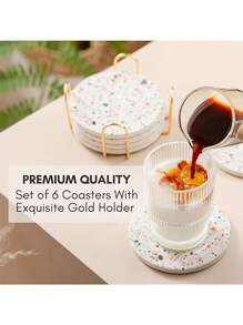 6pcs Terrazzo Absorbent Coasters With Metal Holders, Ceramic Drink Coasters For Coffee Table Decor, Absorbent Stone Beverage Coasters
