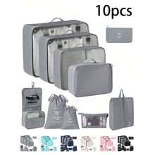 10-1pc Travel Packaging Cube, Waterproof Portable Luggage Organizing Bag, Clothing Storage Bag, Including Clothing Bag, Inner Garment Bag, Shoe Bag, Digital Product Storage Bag, Drawstring Bag, Breathable Net Bag, Toileter Bag, Jewelry Bag, Skin Care Bag, Luggage Storage Bag, Large-Capacity Makeup Organizer Makeup Box, Suitable For Travel, Dormitory, School, Beach