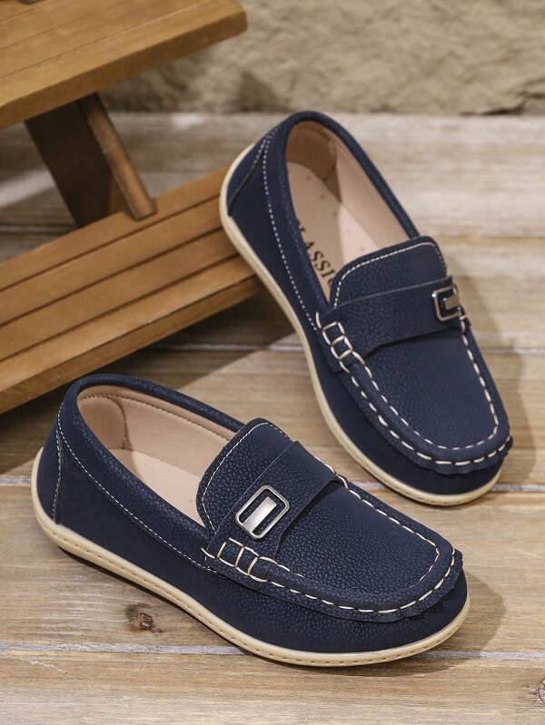 Boys' Navy Blue Loafers, Decorated With Fashionable And Simple Buttons, Are Light And Comfortable One-Legged Children's Shoes, Suitable For Going To School And Walking