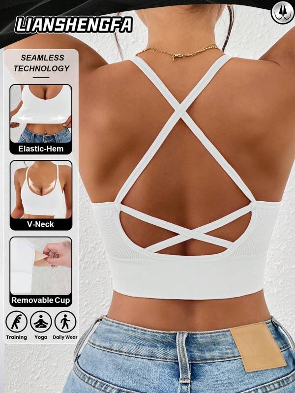 LianShengFa 1pc Backless Crisscross Strap High Elastic Wirefree Everyday Bra, Medium Impact Sports Seamless Racerback Yoga Bra, Breathable & Comfortable