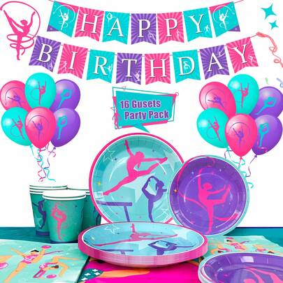 FRUITFUL PARTY. Gymnastics Party Supplies,78pcs Gymnastics Party Decorations & Tableware Set - Gymnastics Party Banner Balloon Plates Cups Napkins Tablecloth Etc Gymnastic Theme Birthday Party Supplies (Serves16)