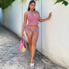 2pcs Set Women Sexy Halter Bandage Top And Elastic Waist Plaid Shorts