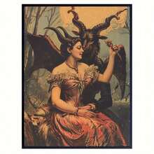 Retro Modern Art Deco Style Canvas Art Print - Spooky Gothic Valentine Frameless Wall Hanging Decor - Ink On Canvas, Cartoony Occult Theme Poster For Home Office, Living Room, Bedroom Decoration