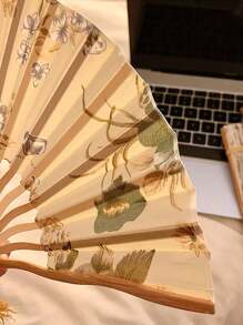 1pc Traditional Ink Painting Hand Fan, Retro Classical Style, Handheld Bamboo Fabric Fan, Portable Vintage Cheongsam Accessory, Elegant Floral Pattern With Tassels, Home Decor And Personal Use