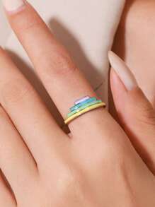 1pc 925 Sterling Silver Unique Fashion Rainbow Color Enamel Geometric Finger Ring For Women Pride Month Fine Jewelry Gift