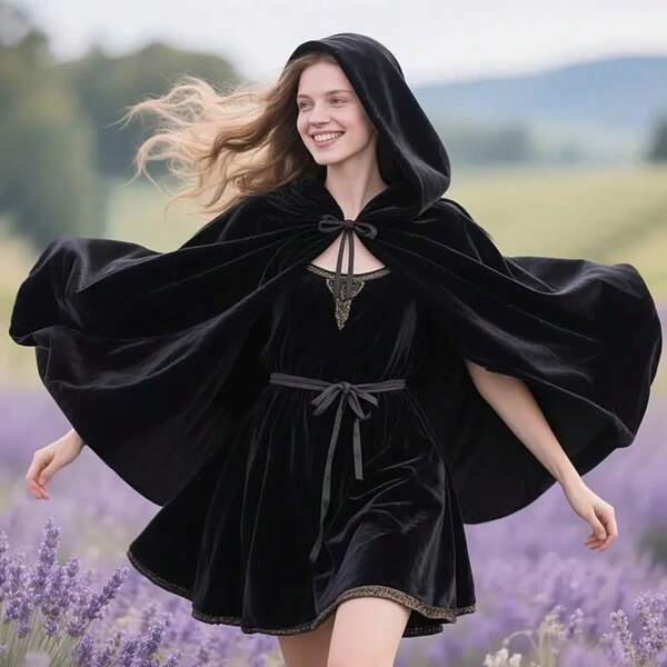 1pc Black Luxury Soft Medieval Renaissance Velvet Hooded Cloak - Black Short Capelet, Suitable For Cosplay, Costume Parties And Themed Events - Featuring Tassel Details