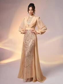 YISIKADO 串珠奢华雪纺长裙女式正式晚会礼服舞会礼服前褶长袖高领及地长款婚礼宾客伴娘生日宴会毕业周年晚宴庆典礼服端庄 - 香檳色 - 查看 2