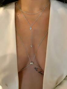 1pc Silver Sexy Layered Necklace, Crystal Pendant Clavicle Chain, Cross Body Chain For Women, Body Jewelry - Silver - View 1