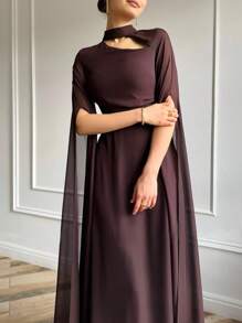 1 Stück elegantes braunes Abendkleid mit Cape-Ärmeln & Schnürung hinten, perfekt für Hochzeiten in der Kirche, Gartenhochzeiten, Abendessen, Hochzeitsgast-Kleid für Frauen