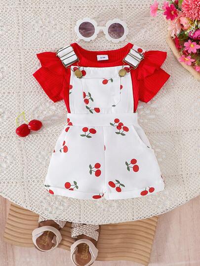 Set de 2 piezas de pelele de manga corta + pantalón de babero para bebé niña, tela delgada para verano