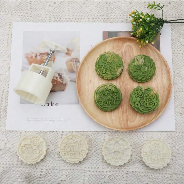 125g Molde para hacer tortas de la luna de estilo de prensa manual para la Fiesta del Medio Otoño, con flores de ventana y nudos de la fortuna