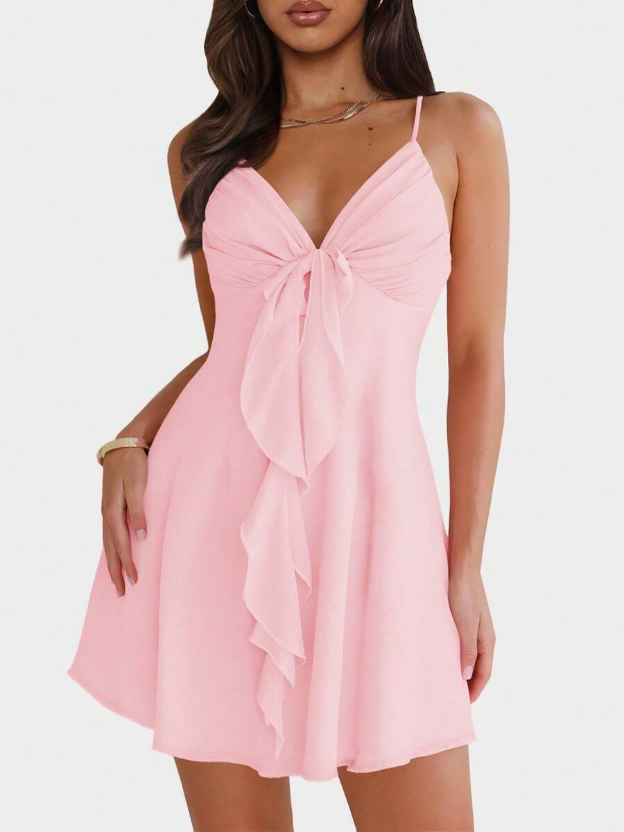 New European & American Deep V-Neck Backless Tie Strap Dress, Sexy Party Mini Dress, Elegant Pink Cocktail Dress For Wedding & Gathering - Light Pink - View 1