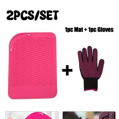 两件套隔热垫和手套，适用于卷发棒、直板夹和直发器 - 保护您的头发和双手免受热损伤