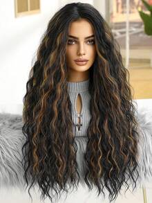28英寸长卷曲合成假发，无刘海：外观自然，耐热，适合派对、角色扮演、日常佩戴、音乐节、母亲节礼物，完美展现派对时尚，也是送给女孩、毕业典礼和各种场合的理想礼物。 - 挑染金色 - 查看 5