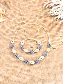 Conjunto de 2 peças de pulseira e colar de argila macia com conchas e flores, estilo boêmio, com estampa de rosa, margarida, estrela, leopardo e arco-íris, joias de praia estilo oceano