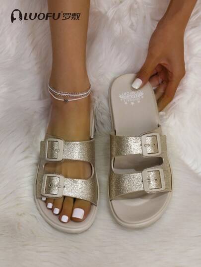 luofu New Fashion Women Outdoor Casual Double Buckle Sandals, Thick Sole EVA Material Comfortable Slippers, Indoor Waterproof Anti-Slip Casual Slippers