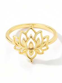 1PC Stainless Steel Lotus Flower Ring For Women Gold Color Vintage Stone Opal Oval Flower Ring Fashion Aesthetic Jewelry Gift