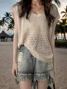 Solid Color See-Through Crochet Knitted Pullover Top, Beach Cover-Up, Holiday Knit Cape Tee - Beige - View 2