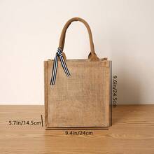 1 pièce Sac à main femme en lin de couleur unie rétro, grande capacité, réutilisable pour un usage quotidien, les courses, les rassemblements - Kaki - Voir 9