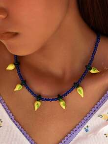 1 件独特的法国浪漫 ZAR 风格黄色手工玻璃柠檬吊坠项链，可爱串珠夏季水果柠檬项链 - 藍色黃檸檬NK - 查看 5