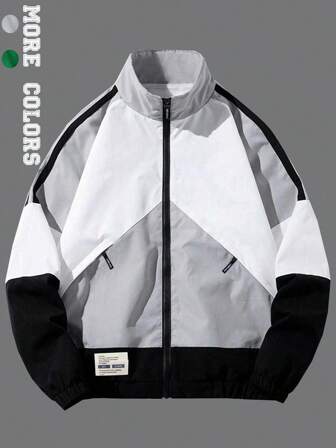 Men's Casual Color Block Zip-Up Stand Collar Sports Jacket