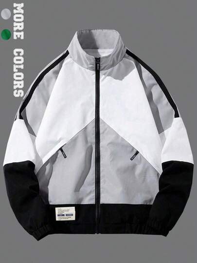 Men's Casual Color Block Zip-Up Stand Collar Sports Jacket