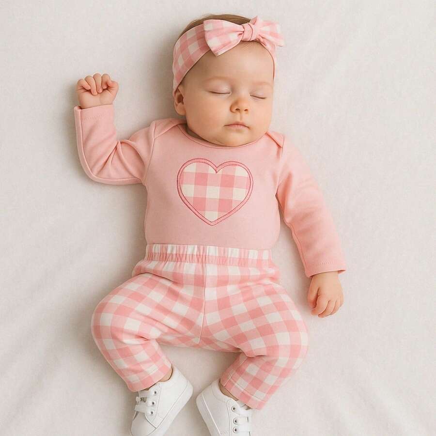 Sempre Bebê Baby Girl Clothing Set Long Sleeve Bodysuit With Pants And Headband Blogueirinha Diva Kitten Leopard Print Bow Outfit Winter Cold Weather Set Pink Plaid - 淺粉色 - 查看 1