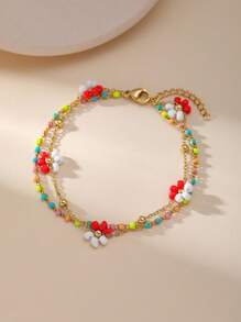 1 Peça Pulseira de Camadas Minimalista e Elegante de Contas de Flor Entrelaçadas em Aço Inoxidável para Mulheres, Adequada para Encontros, Festas e Uso no Escritório