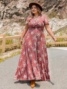 大码女式热带植物印花V领连衣裙，波西米亚风海滩装，音乐节热带度假派对连衣裙。优雅夏季 - 藕粉色 - 查看 5