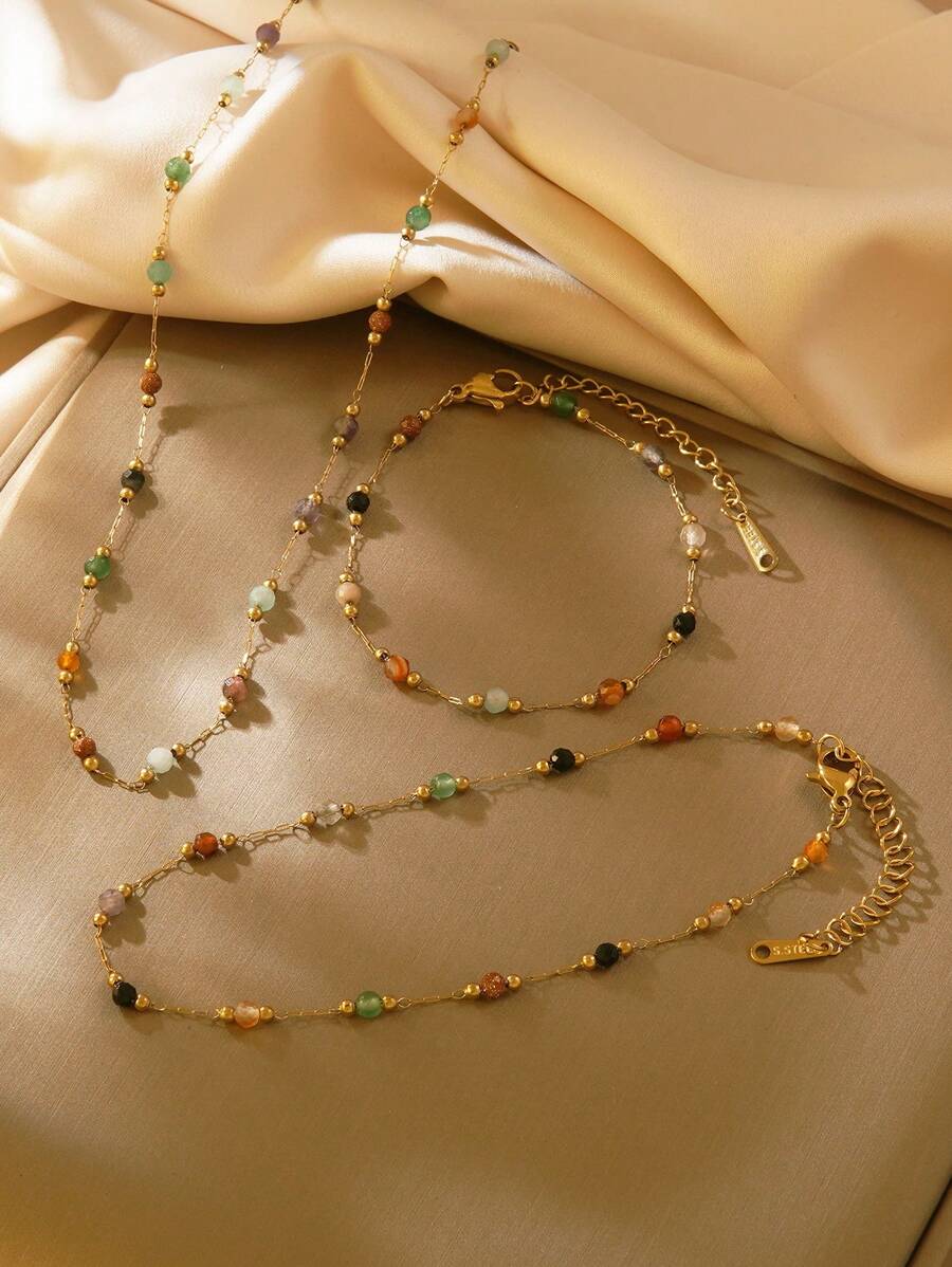 1 Set de Collar, Pulsera y Tobillera de Acero Inoxidable con Cuentas de Estilo Bohemio Minimalista y Colorido, apto para Uso Diario o Vacaciones en la Playa, también un Gran Regalo para el Día de la Madre