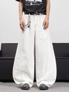 1 chiếc quần jeans ống rộng dáng suông kiểu Anh hiệu Hearty Haven, phối màu tương phản, chất liệu wash, dành cho nam (không kèm thắt lưng và phụ kiện) - trắng - Xem 1