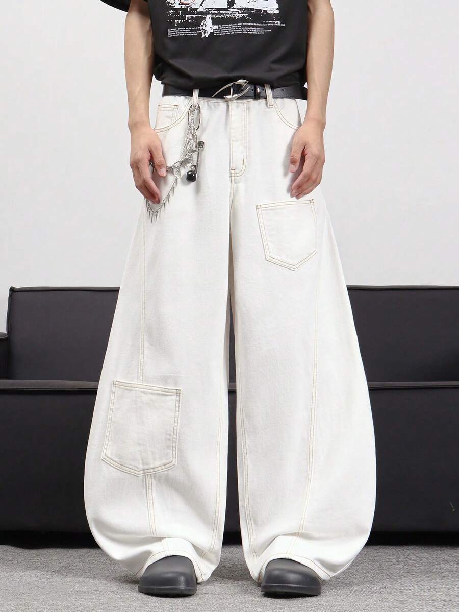 1 chiếc quần jeans ống rộng dáng suông kiểu Anh hiệu Hearty Haven, phối màu tương phản, chất liệu wash, dành cho nam (không kèm thắt lưng và phụ kiện) - trắng - Xem 1