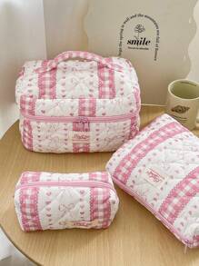 1 Piece Plaid Lace Quilted Pink Zipper Bag Sweet Style Large Capacity Bow&Love Portable Zipper Makeup Bags Fashionable Portable Makeup Bag, Multi-Functional Storage Bag For Lipstick, Sanitary Napkin, Coins, Keys Etc Women Skincare Organizer Bag Print Flower Makeup Organizer Storage Bag Graduation