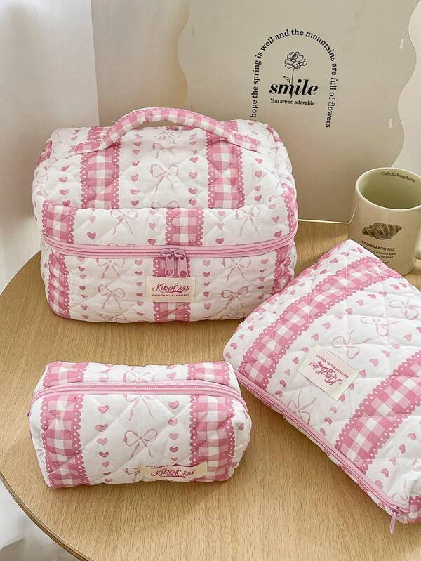 1 Piece Plaid Lace Quilted Pink Zipper Bag Sweet Style Large Capacity Bow&Love Portable Zipper Makeup Bags Fashionable Portable Makeup Bag, Multi-Functional Storage Bag For Lipstick, Sanitary Napkin, Coins, Keys Etc Women Skincare Organizer Bag Print Flower Makeup Organizer Storage Bag Graduation