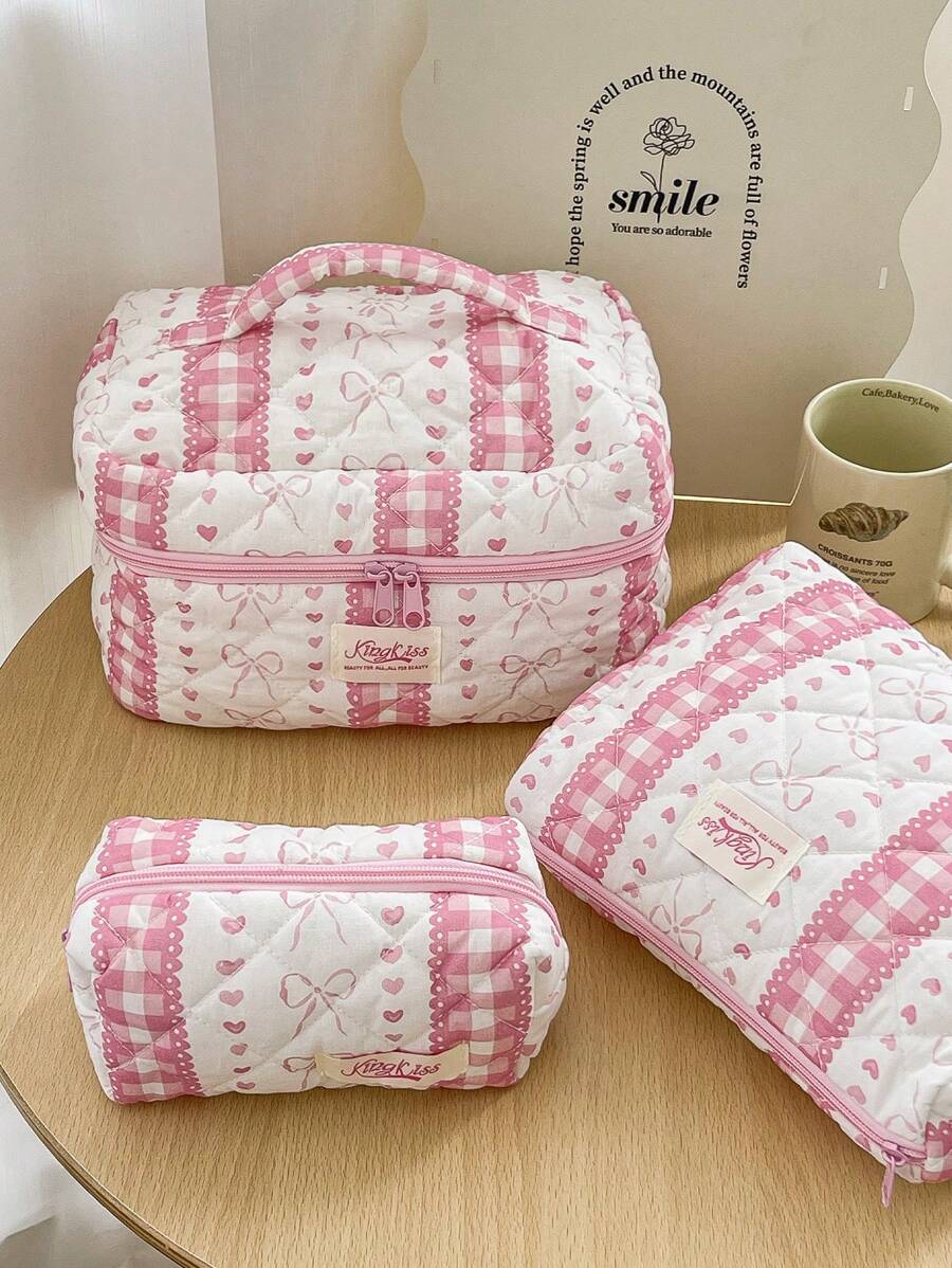 1 Piece Plaid Lace Quilted Pink Zipper Bag Sweet Style Large Capacity Bow&Love Portable Zipper Makeup Bags Fashionable Portable Makeup Bag, Multi-Functional Storage Bag For Lipstick, Sanitary Napkin, Coins, Keys Etc Women Skincare Organizer Bag Print Flower Makeup Organizer Storage Bag Graduation